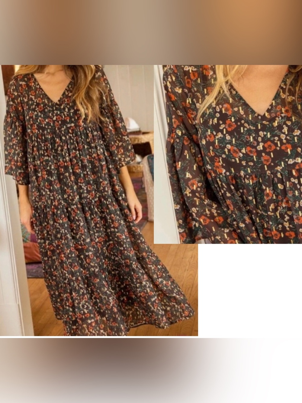 Natural Life Dress Size Small Brown Midi Floral V Neck Bell Sleeve Tiered Boho